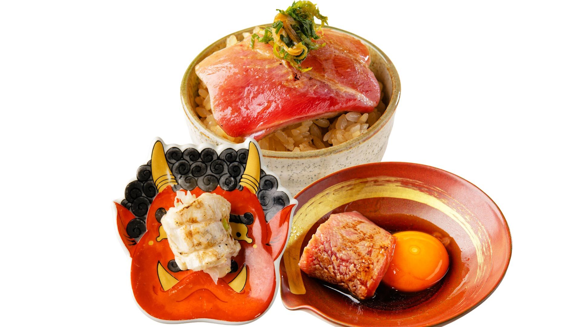 『焼うおいし川 銀座凛華楼』：「最強三色丼コース」￥18,000より「太刀魚」「ふぐ」「大トロ」